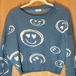 Blue Smiley Face crop  Sweater size S